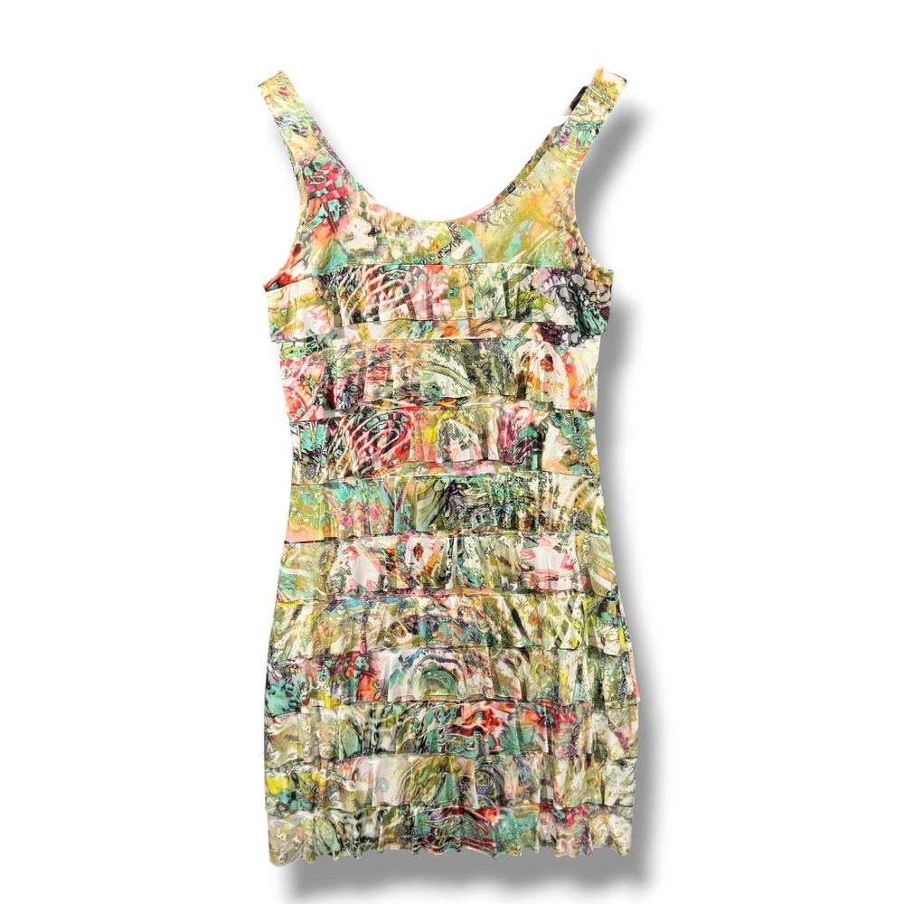Joseph Ribkoff Sheath Dress Abstract Multicolor Watercolor Ruffle Tiered Size 6